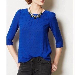 Anthropologie Maeve Emmeline Navy Blue Swiss Dot Scalloped Hem Blouse Size 4